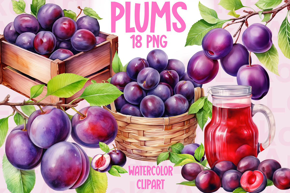 Plums Watercolor Clipart, a Food Illustration by LekoArt (Photo 1 of 10)