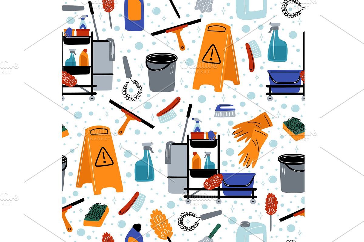 Cleaning supplies seamless pattern, an Object Illustration by Vectorbuum