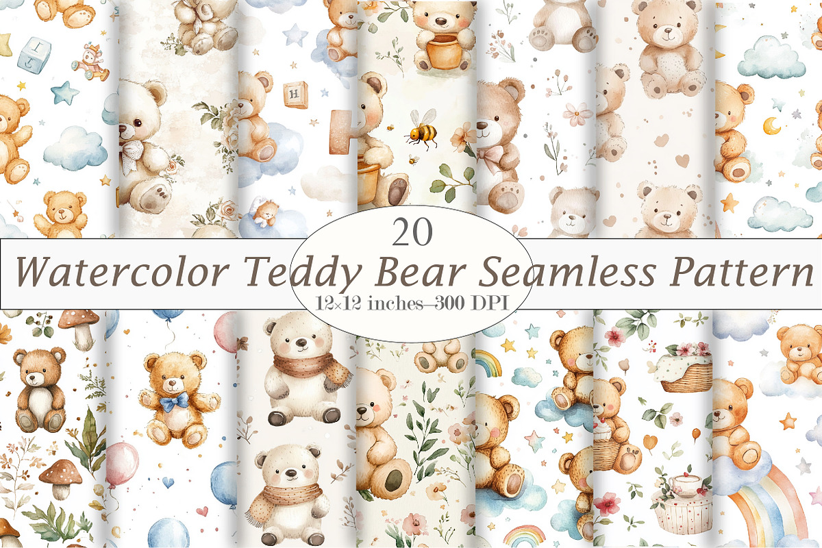 Watercolor Teddy Bear Seamless Patte, a Pattern Graphic by Design Market (Photo 1 of 4)