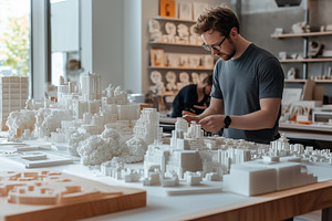 A young man industrial designer in a gray t-shirt examines a detailed architect, a Person Photo by Textures & Backgrounds