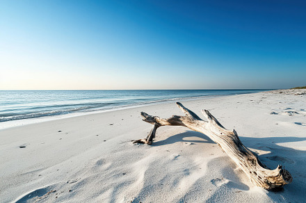 Driftwood rests on a secluded sandy, a Photo by Iftikhar Alam