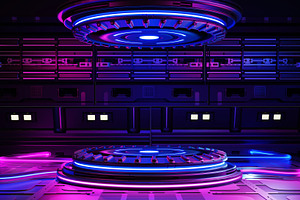 Cyberpunk sci-fi product podium showcase in spaceship base with blue and pink b, a Technology Photo by Ministocker
