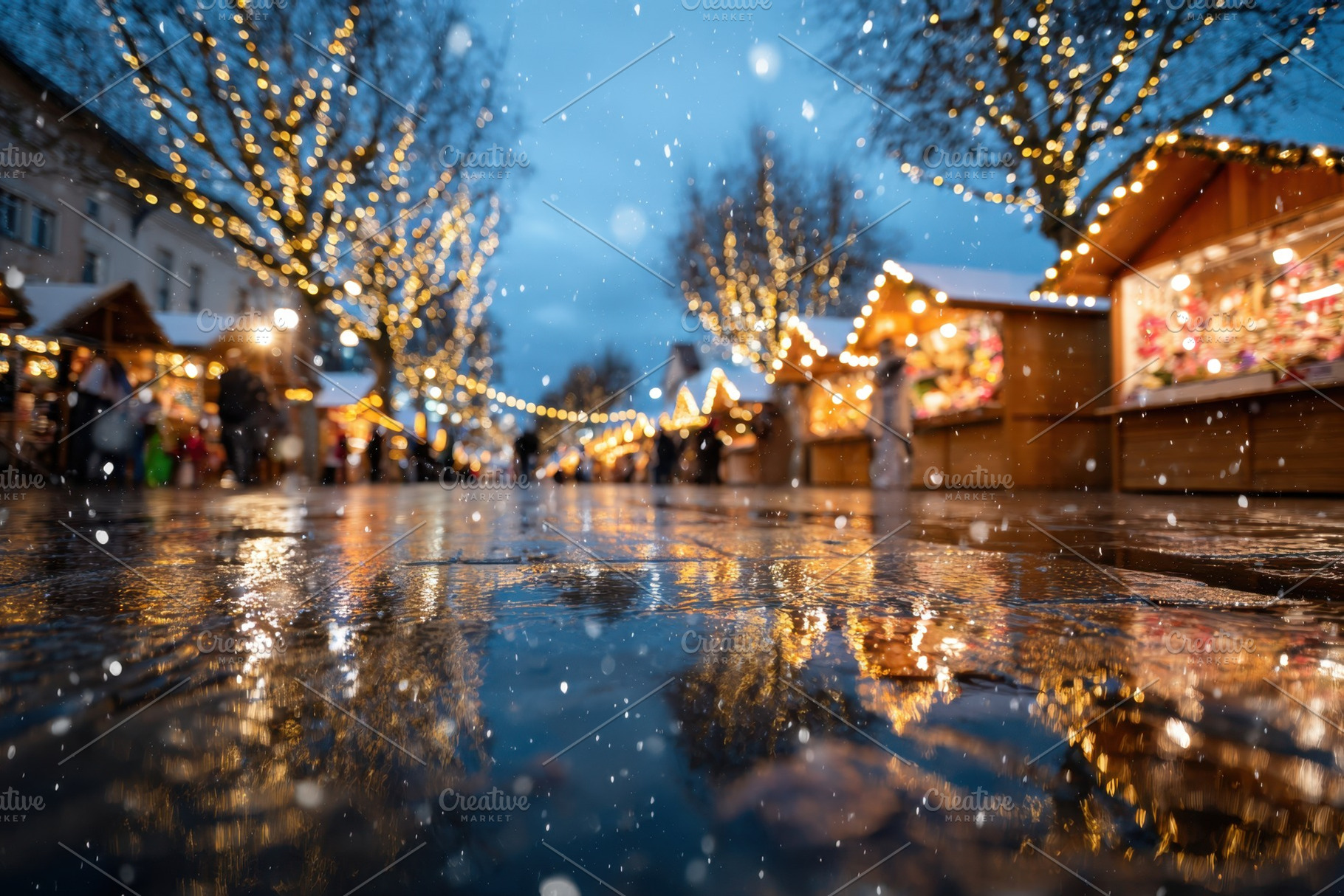 Festive winter market with snow and lights, a Background Photo by AlyaAnd