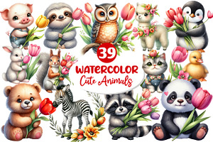 Cute Animals Tulip Flower Clipart, an Illustration by Dream Creation