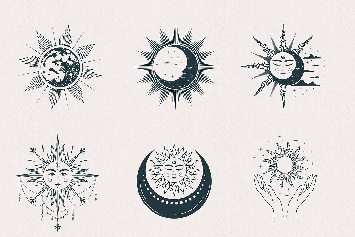 Hand drawn Mystical Sun & Moon Set, an Illustration by KirillsWorkshop (Photo 6 of 11)
