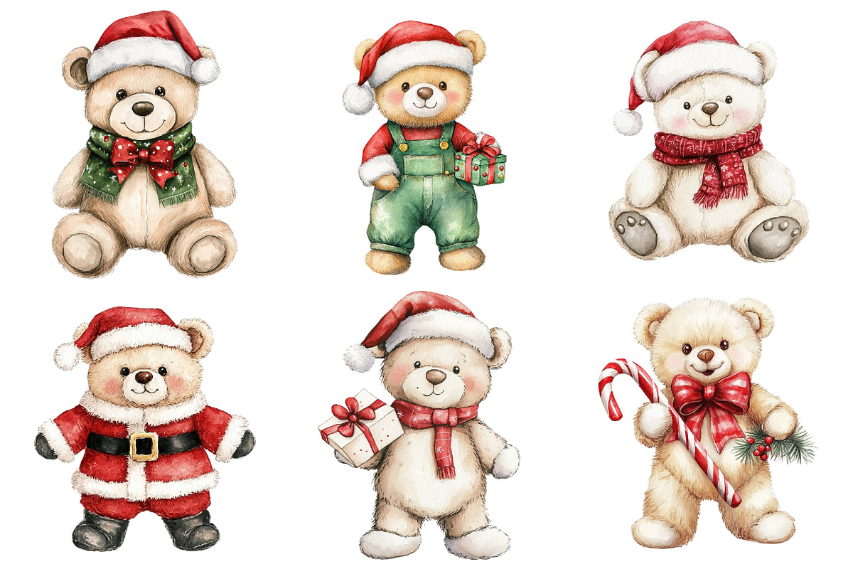 Watercolor Christmas Teddy Bear Clip, a Seasonal Illustration by CitraGraphics (Photo 4 of 7)