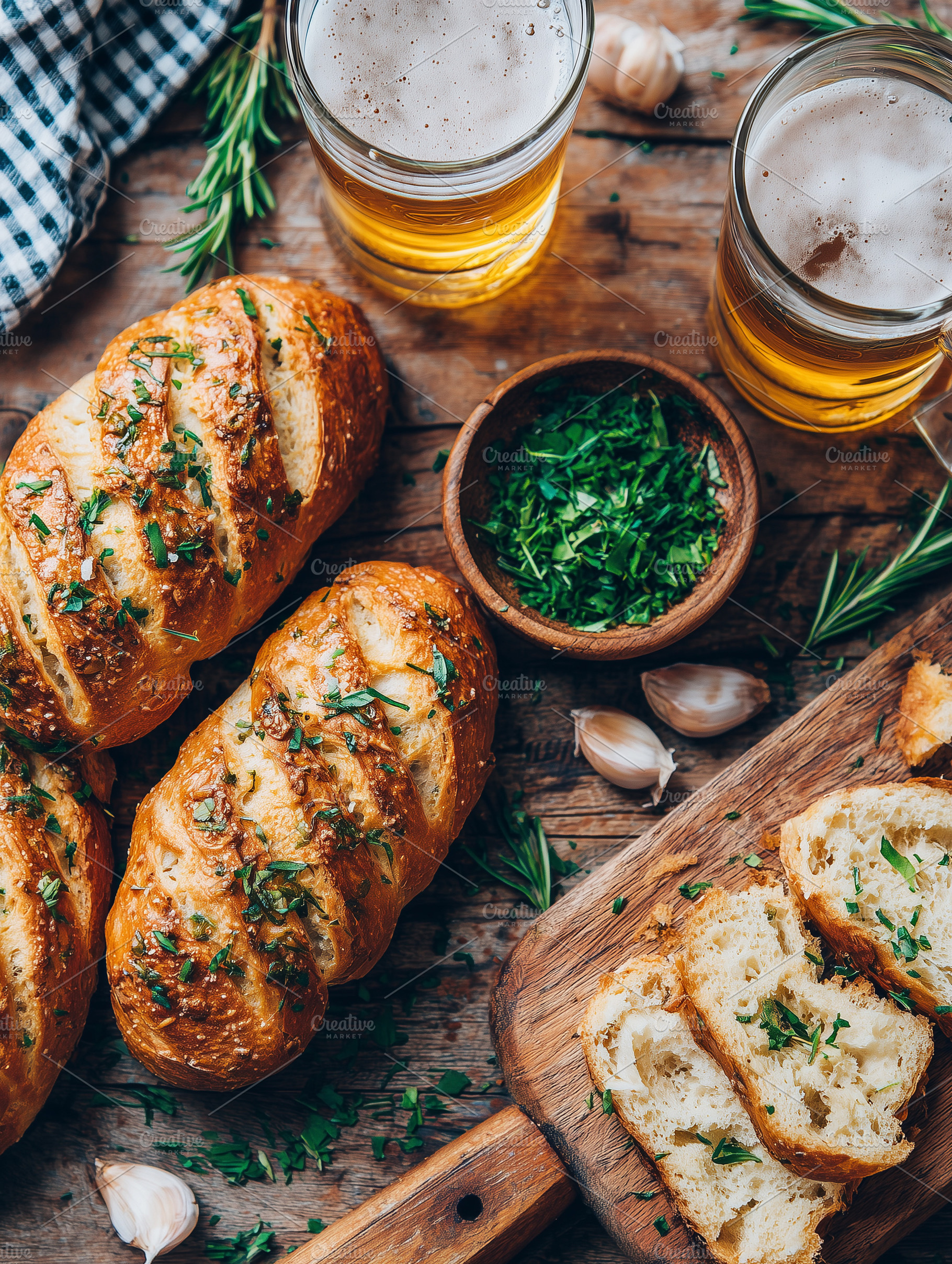 Rustic garlic bread with fresh herbs, a Food & Drink Photo by MistyDay