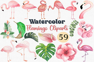 Watercolor Flamingo Clipart Set