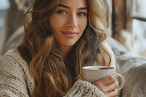 A young Caucasian woman with long, wavy hair enjoys a warm drink by the window, a Person Photo by ImageMir