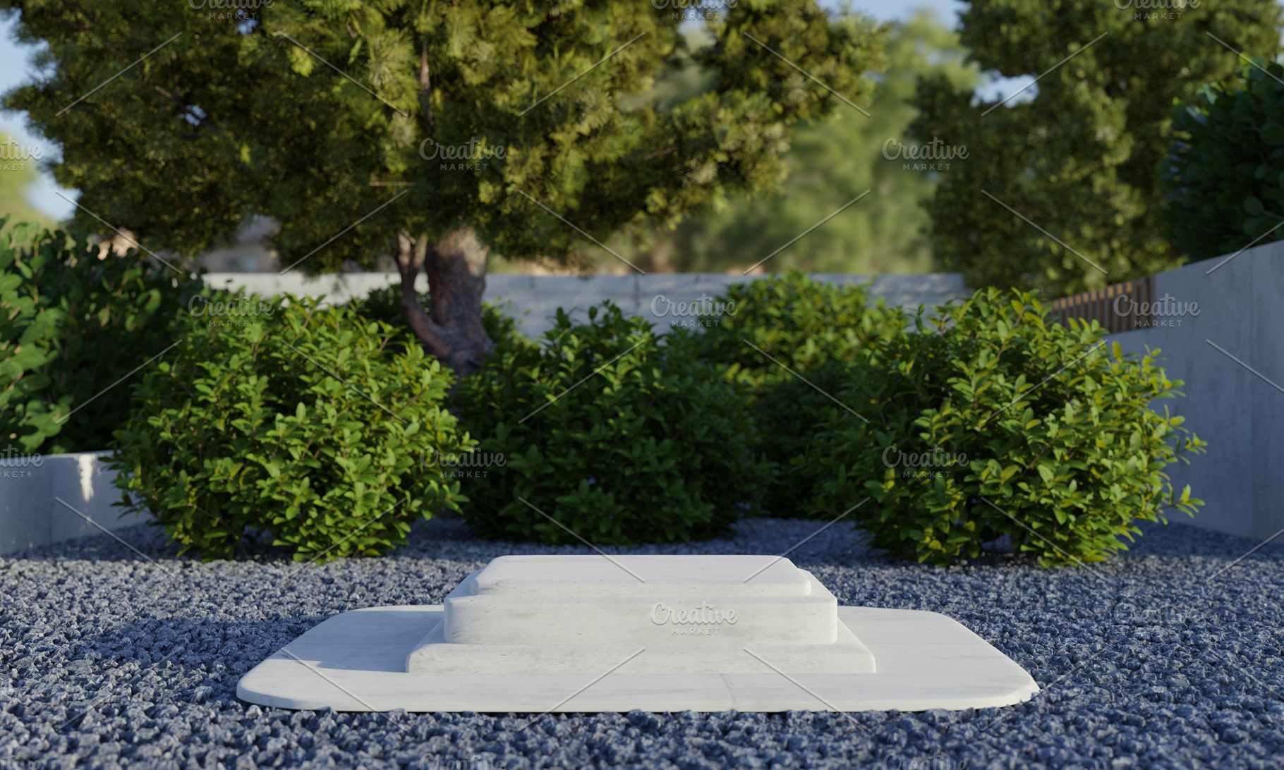 Rectangle stone podium platform with natural green trees in back, an ...