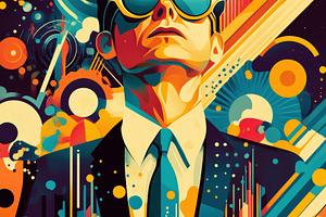 A vibrant, colorful digital illustration of a man in sunglasses and a suit, loo, an Arts & Entertainment Photo by Textures & Backgrounds