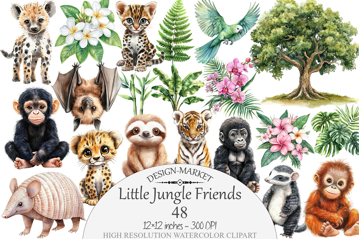 Watercolor Little Jungle Friends Cli, a Seasonal Illustration by Design Market (Photo 1 of 5)