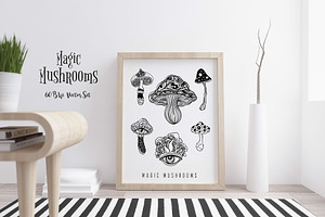 Magic MUSHROOMS. 60 BW Vector Set.