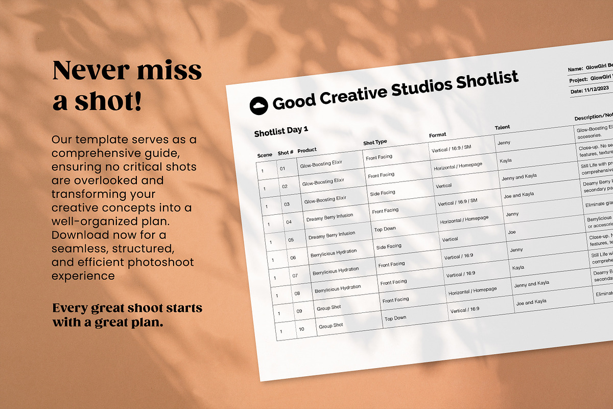 Photoshoot Shot List Template, a Marketing Template by Good Creative Studio (Photo 3 of 6)
