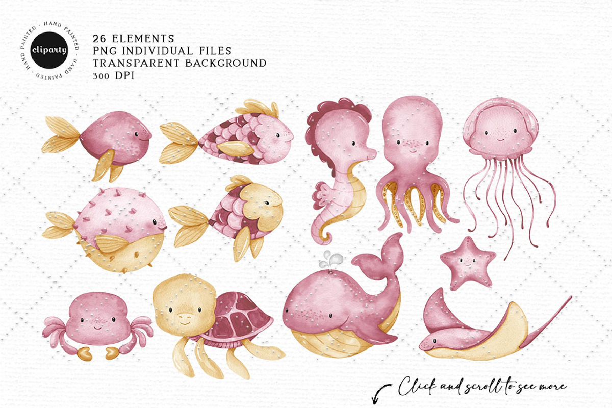 Pink Ocean Animals Clipart, an Illustration by Gau Silva Studio (Photo 2 of 4)