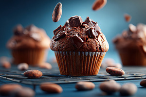 Delicious baked vegan chocolate muffins on a cooling rack with chocolate chunks, a Food & Drink Photo by AlyaAnd