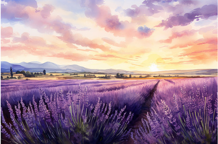 Watercolor lavender field sunset, an Object Illustration by Ylivdesign