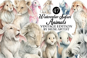 Watercolor Safari Animals Clipart, an Illustration by DreamArtGraphic