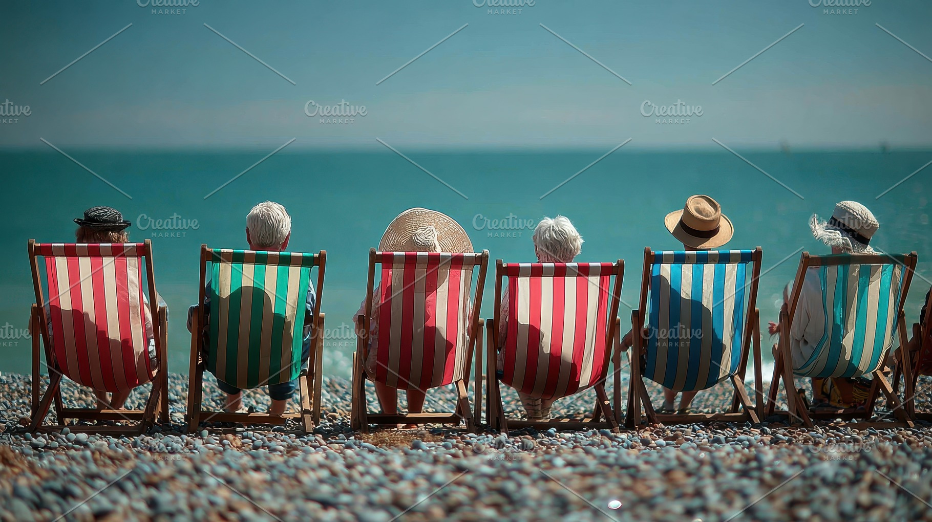 Seniors relax on beach chairs ocean, a Photo by Pixeness Studio