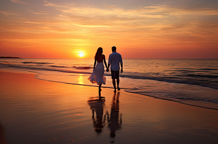 Romantic couple walking hand in hand, a Photo by SaroStock