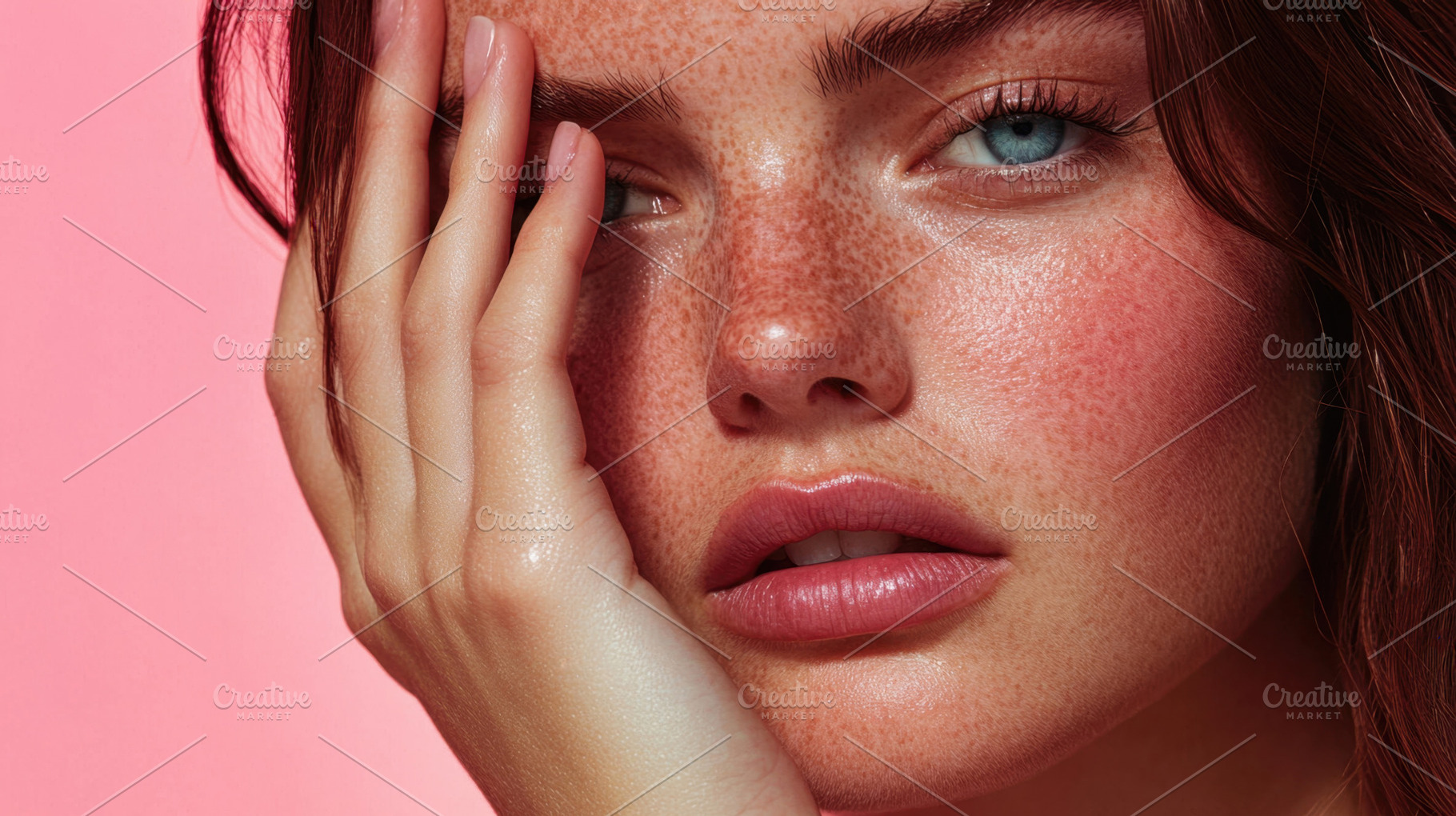 Girl touching her face, pink bg, a Photo by Beautiful things