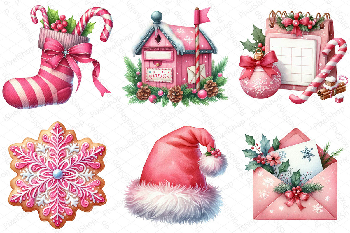 Watercolor Pink Christmas Clipart, an Illustration by DreamPrint404 (Photo 6 of 6)