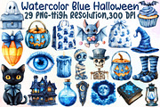 Watercolor Blue Halloween Clipart, an Illustration by Sublimation Artist (Thumbnail 1 of 6)