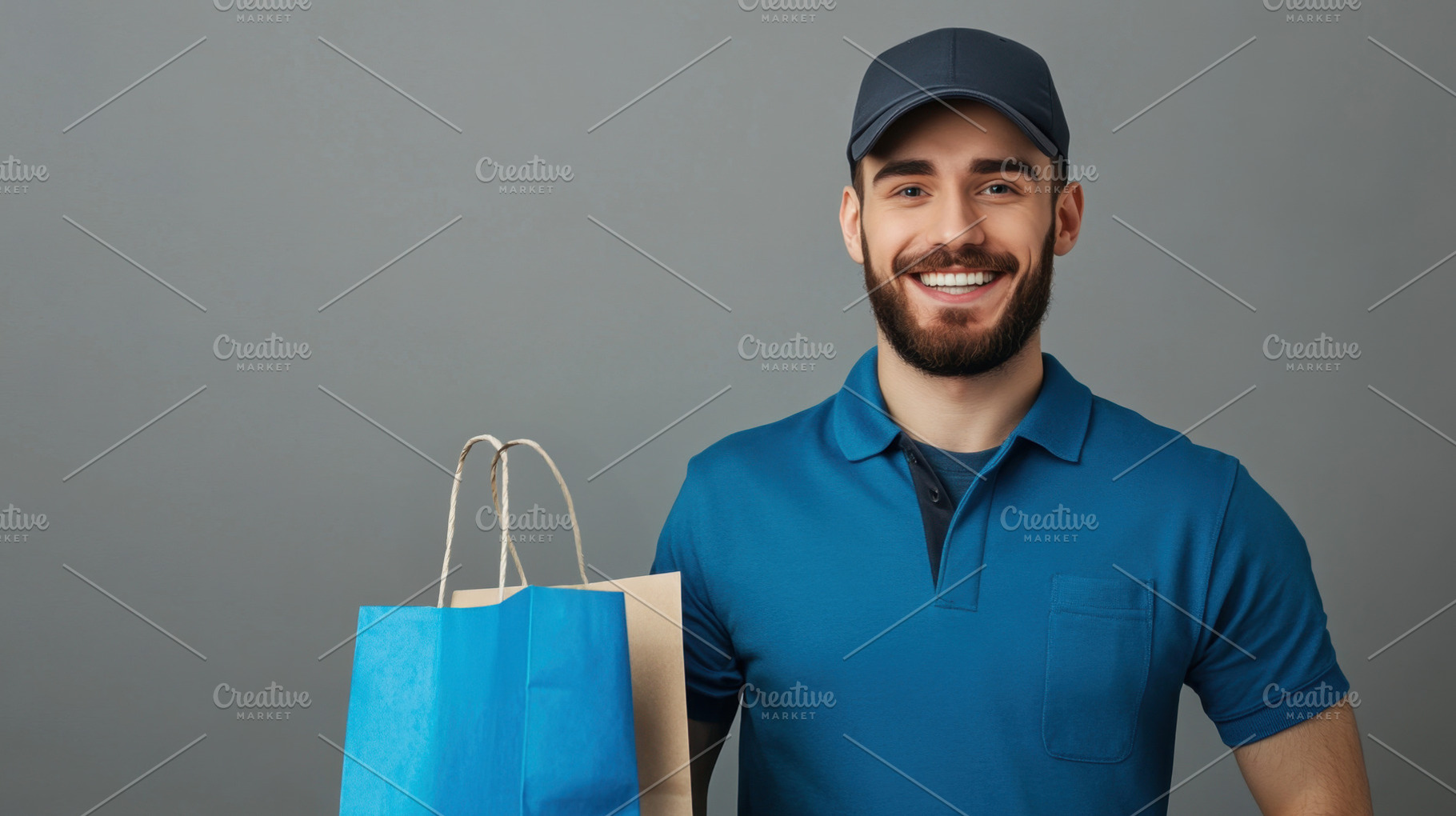 Smiling delivery person with bags, a Photo by Beautiful things