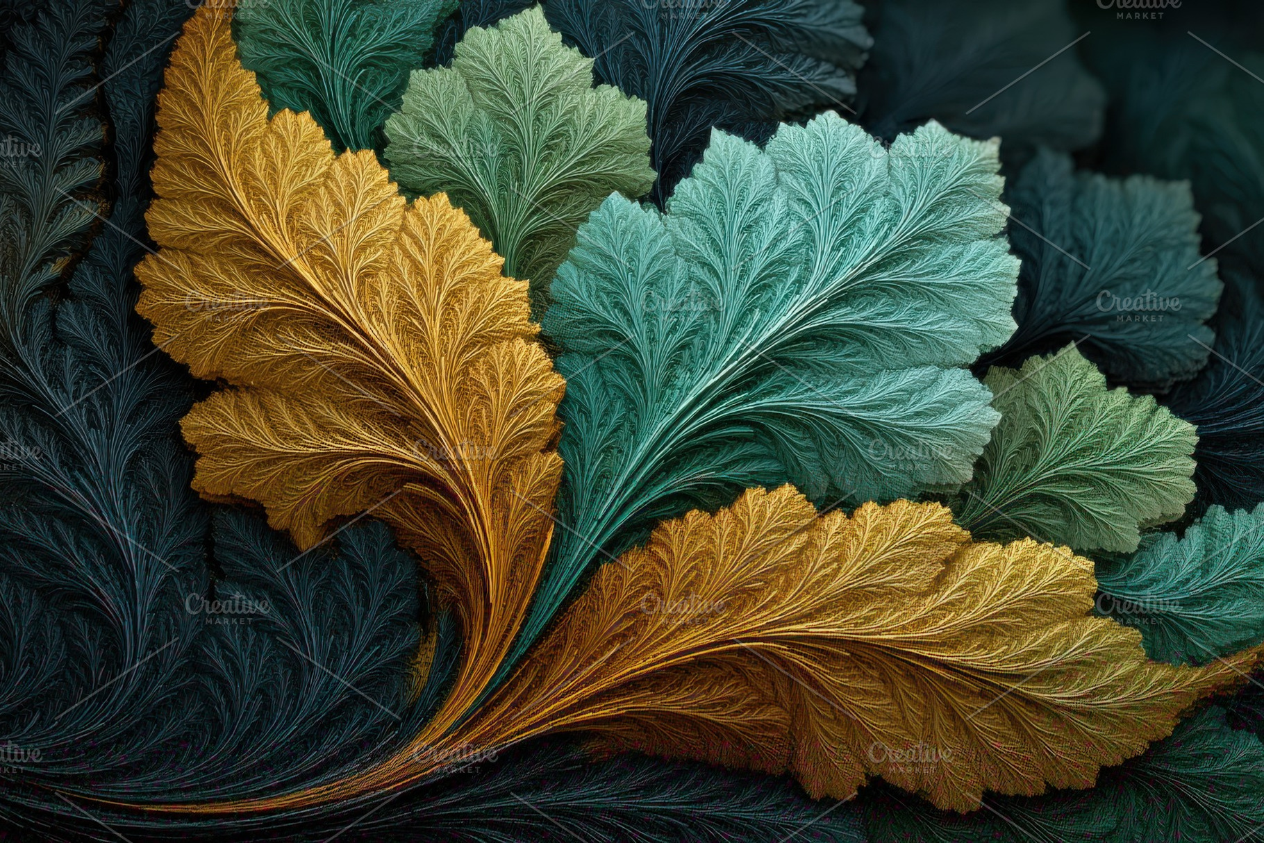 Abstract fractal art gold teal leave, an Abstract Photo by Pixeness Studio