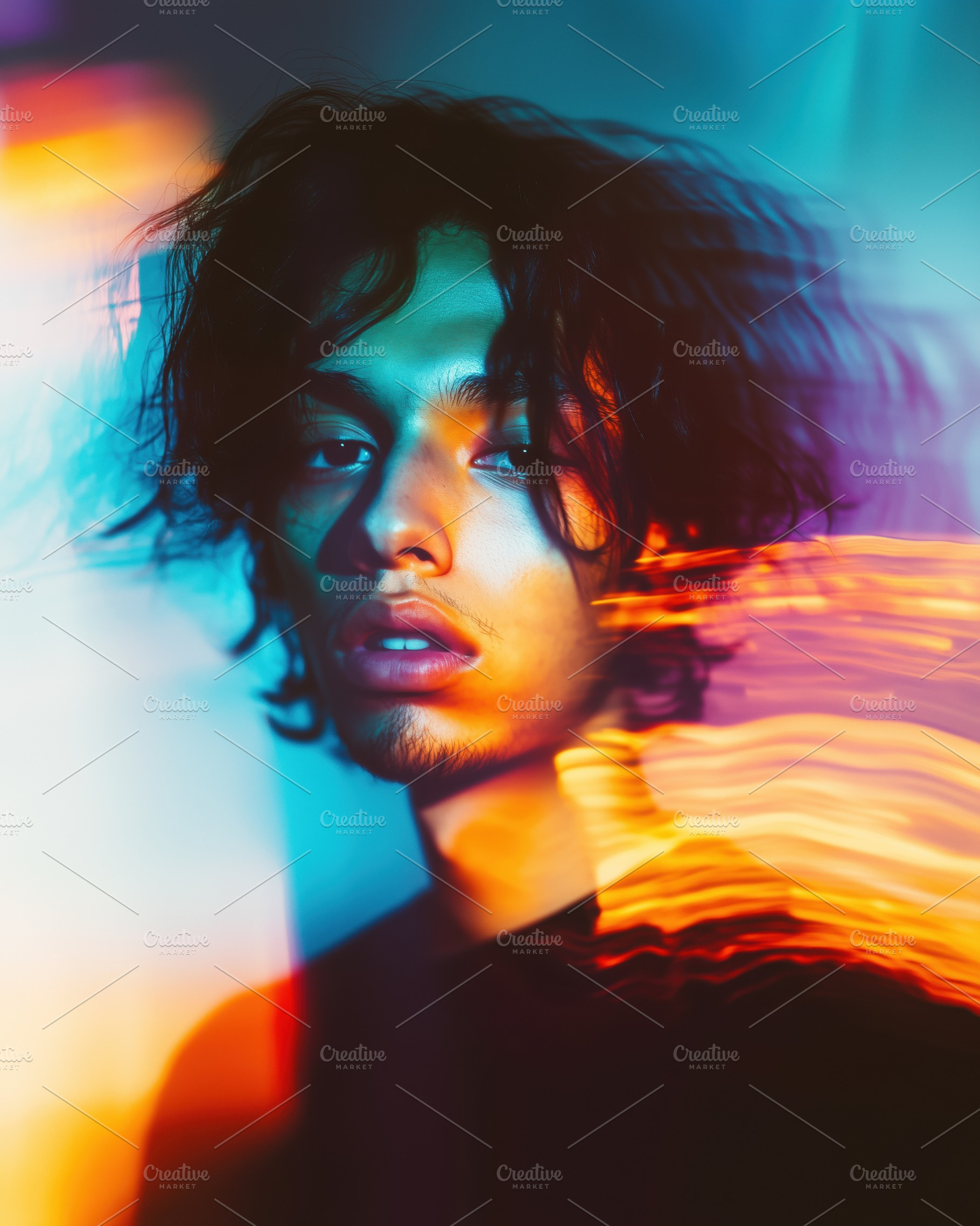 A portrait of a young man with curly hair, captured in vibrant colors and motio, a Person Photo by Textures & Backgrounds
