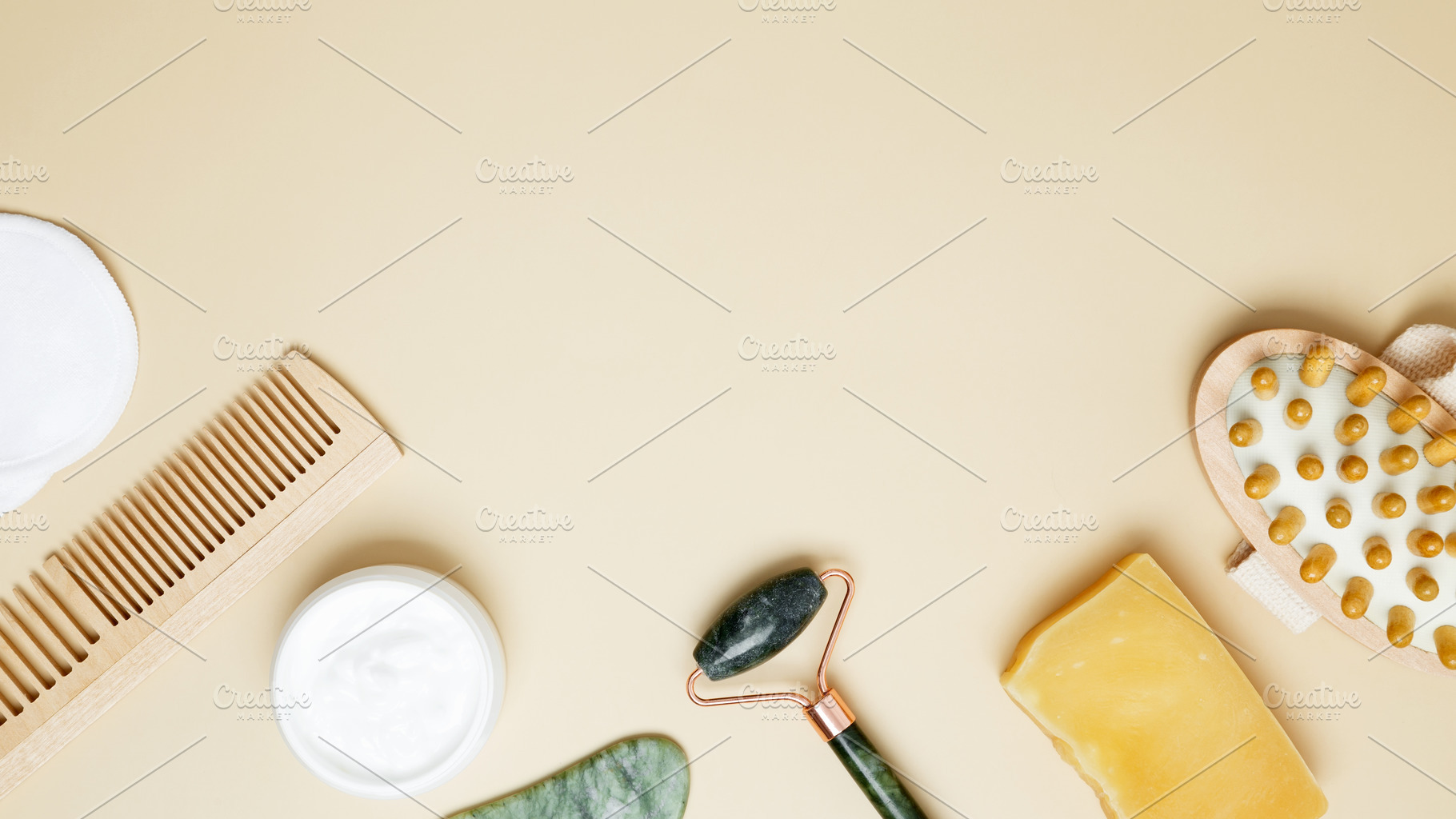 Self care skincare collection with marble roller, gua sha and cosmetic products, a Photo by matucha