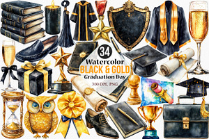 Black & Gold Graduation Day Clipart, an Illustration by Canvas Craft