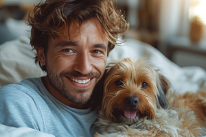 A young Caucasian man smiles warmly while cuddling his fluffy dog on a cozy bed, a Person Photo by ImageMir