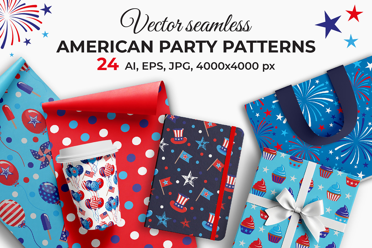 Seamless American Party Patterns, a Pattern Graphic by Iryna Denysova (Photo 1 of 13)