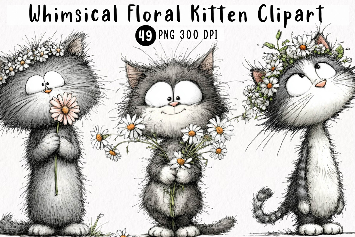 Whimsical Floral Kitten Clipart, an Animal Illustration by fashionaddict (Photo 1 of 7)