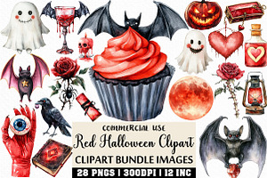 Watercolor Red Halloween Clipart, an Illustration by Craft Nest