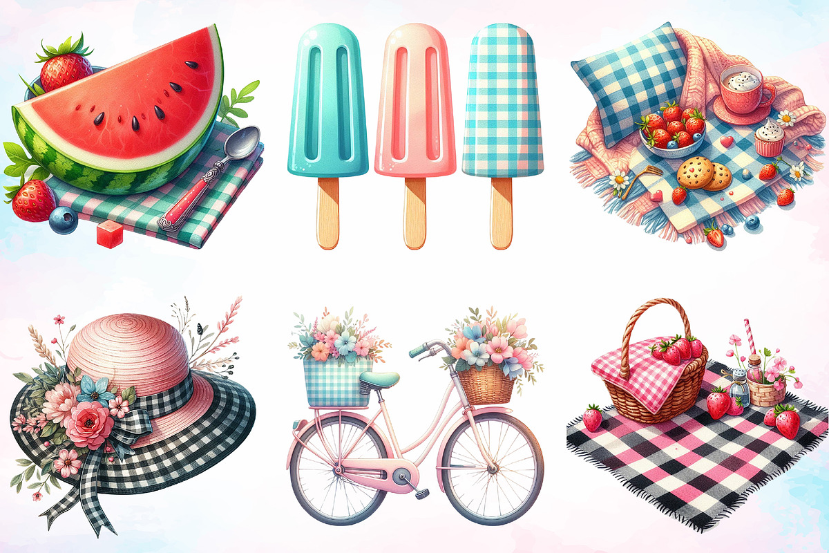 Watercolor Gingham Summer Clipart, a Seasonal Illustration by Canvas Craft (Photo 2 of 3)