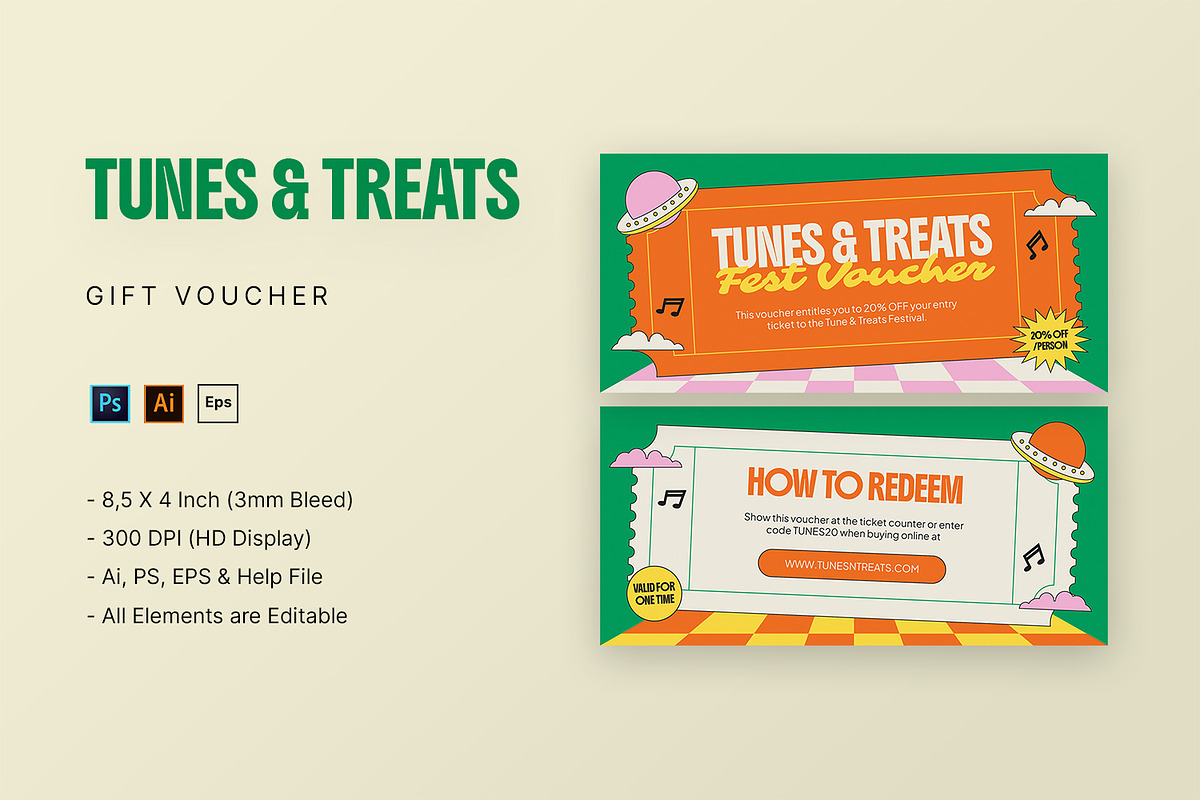 Tunes & Treats - Gift Voucher, a Print Template by StreaksideStd (Photo 1 of 3)