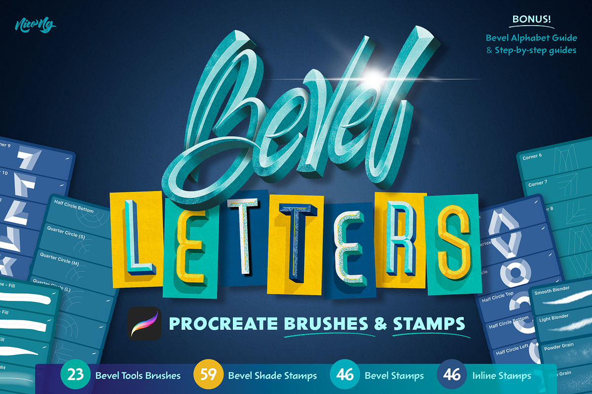 Bevel Letters Procreate Brushes, a Brush Add-On by Nico-Ng (Photo 1 of 17)