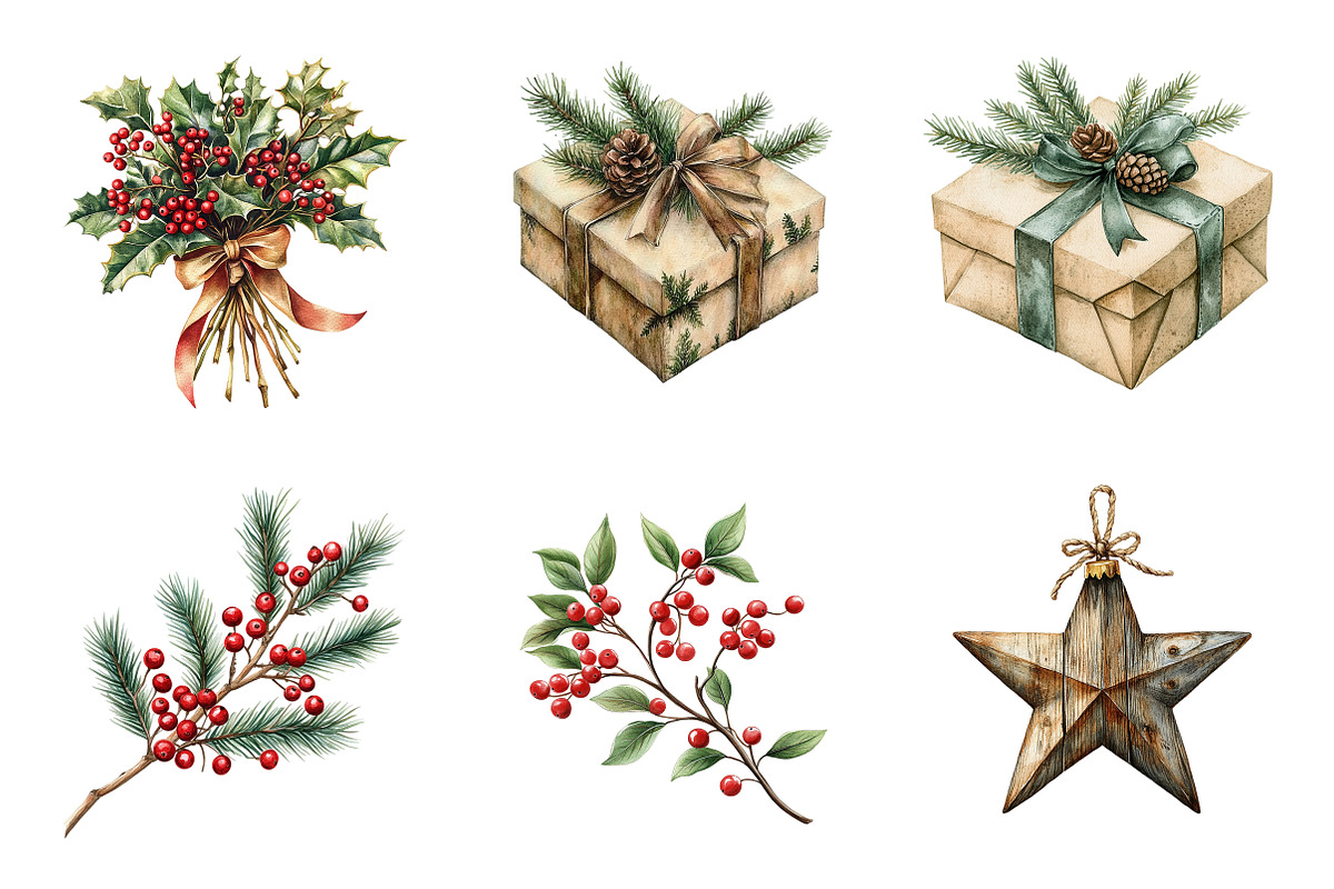 Watercolor Vintage Christmas Clipart, a Transportation Illustration by SinaCreation (Photo 2 of 9)