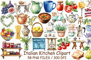 Watercolor Italian Kitchen Clipart, an Illustration by Design Market