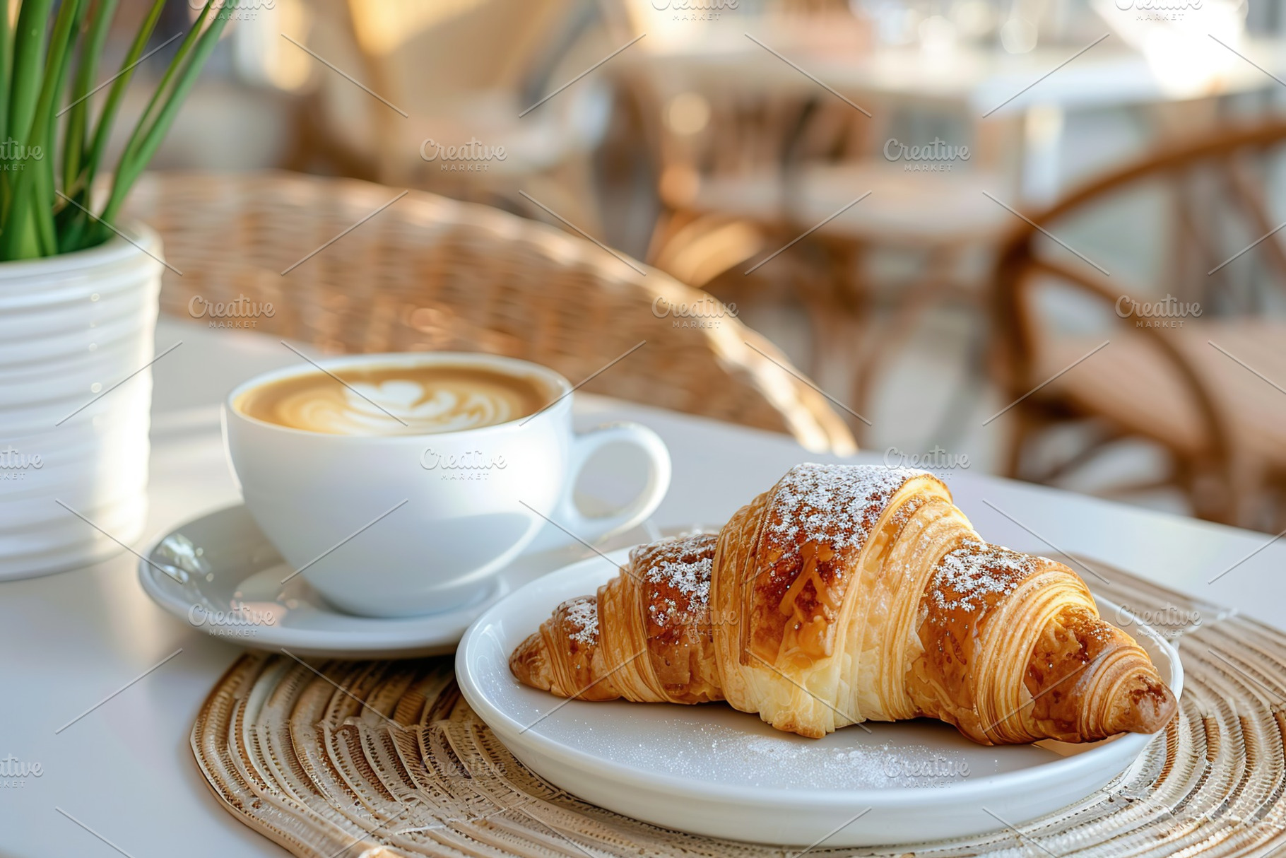 Cup of coffee and croissant on table in cafe with sunlights, a Food & Drink Photo by AlyaAnd