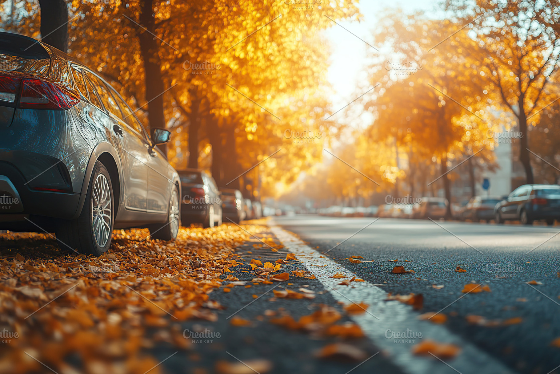 Asphalt road and a car in autumn forest, a Nature Photo by AlyaAnd