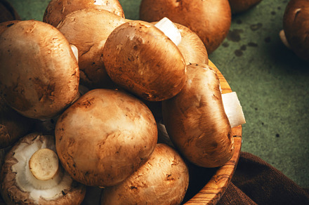 Fresh brown champignon mushrooms in wooden bowl, green stone kit, a Food & Drink Photo by 5PH