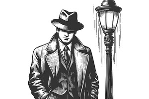 Noir detective under streetlamp in, a Person Illustration by AlexArt
