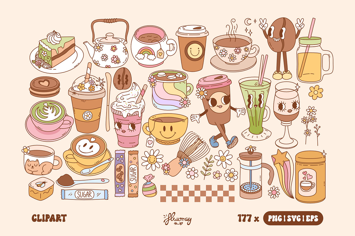 Retro Groovy Coffee Clipart Bundle, a Food Illustration by Huxmay (Photo 2 of 9)