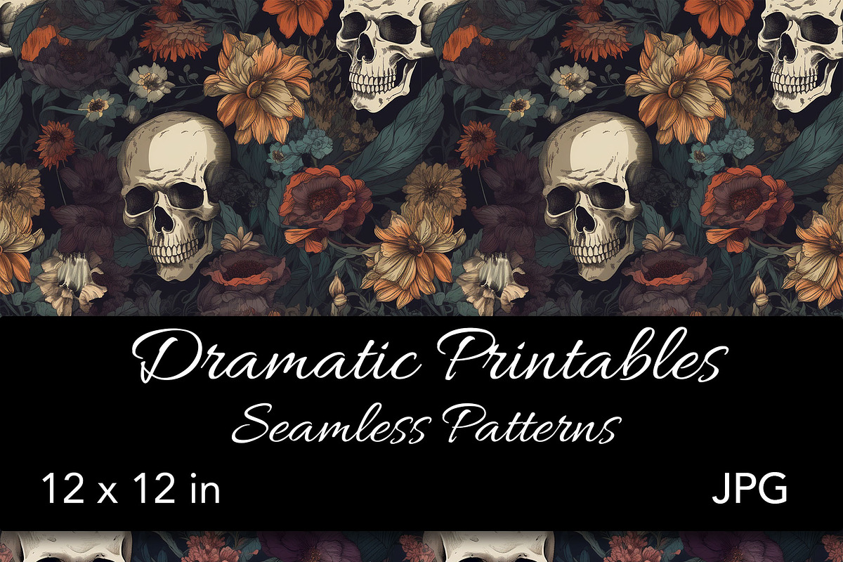 Gothic Skull Floral Patterns Digital, a Pattern Graphic by Gingerly Brazen Designs (Photo 2 of 2)