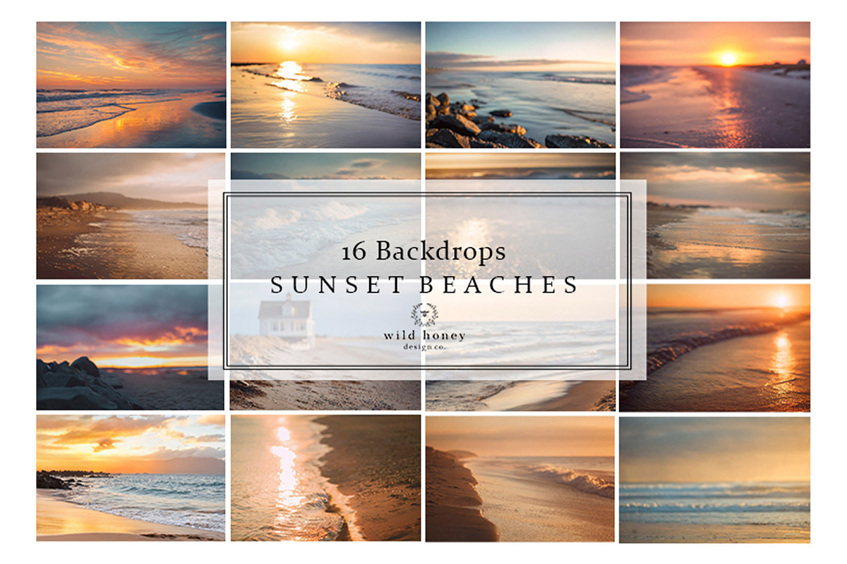 16 Sunset Beach Digital Backdrops, a Layer Style Add-On by Wild Honey Design Co. (Photo 1 of 5)