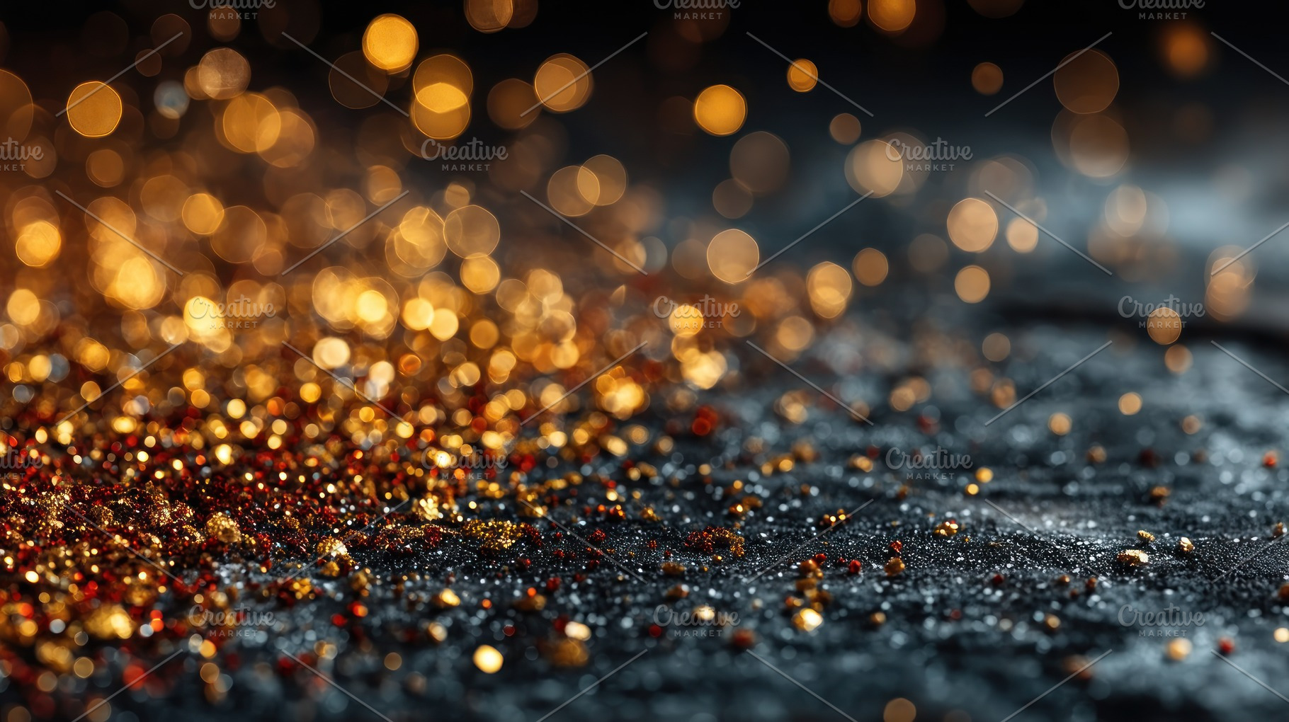 Golden glitter and bokeh lights scattered on dark textured surfa, a Holiday Photo by José Manuel Gelpi