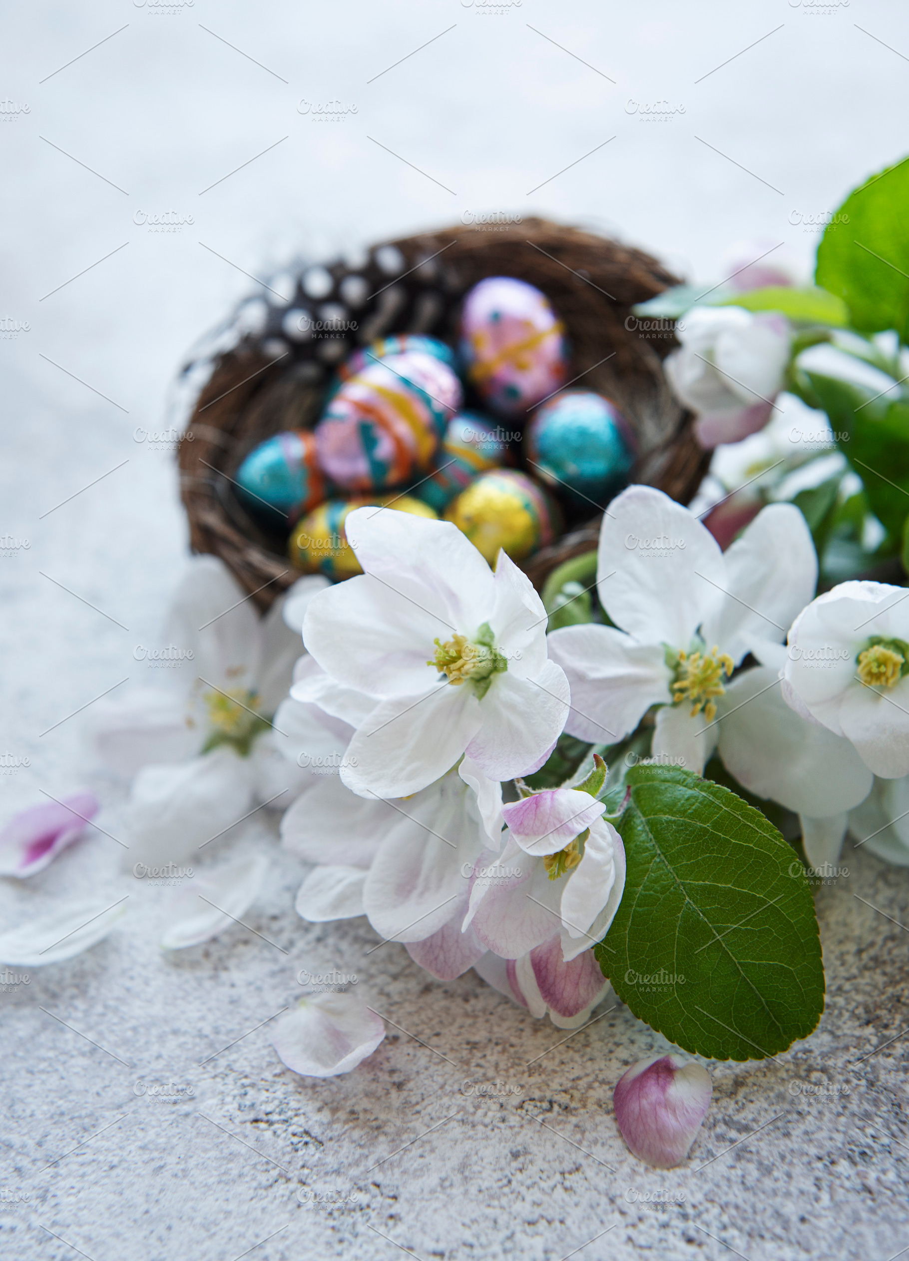 Colorful Easter eggs on concrete background, a Holiday Photo by Olena Rudo